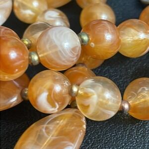 Vintage Lucite Necklace Bead Brown Orange Gold Tone Metal 24" long
